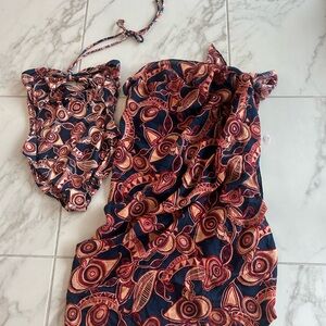 A.L.C.  Anita One-Piece Swimsuit and sarong in Navy and Coral Print